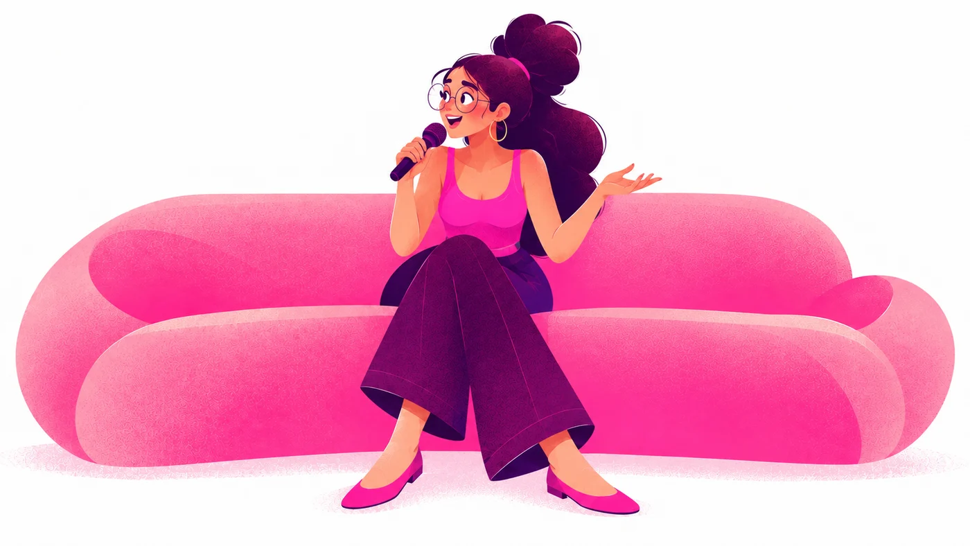 A woman getting comfortable telling her story on a pink sofa