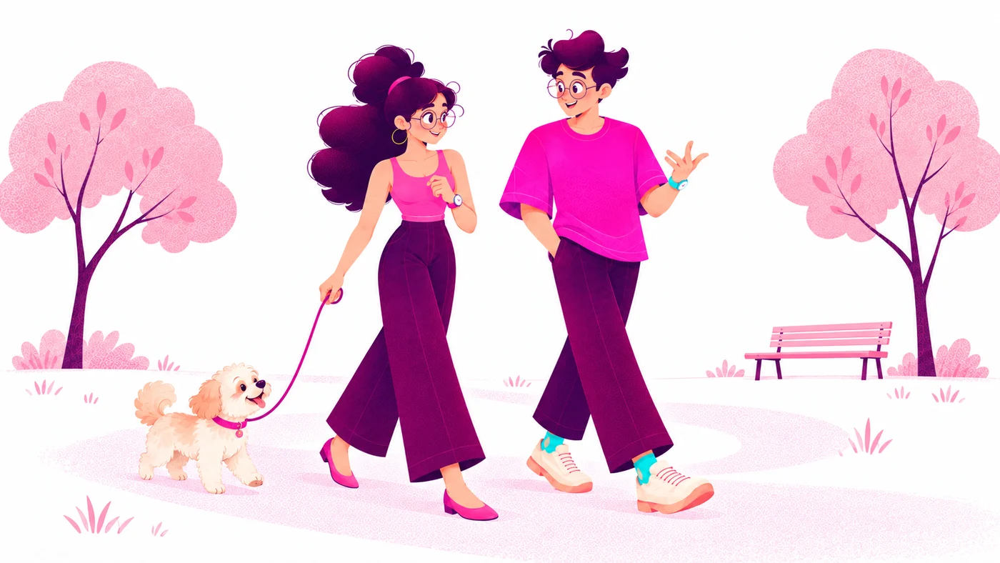 Two friends sharing a story while walking their dog through a park