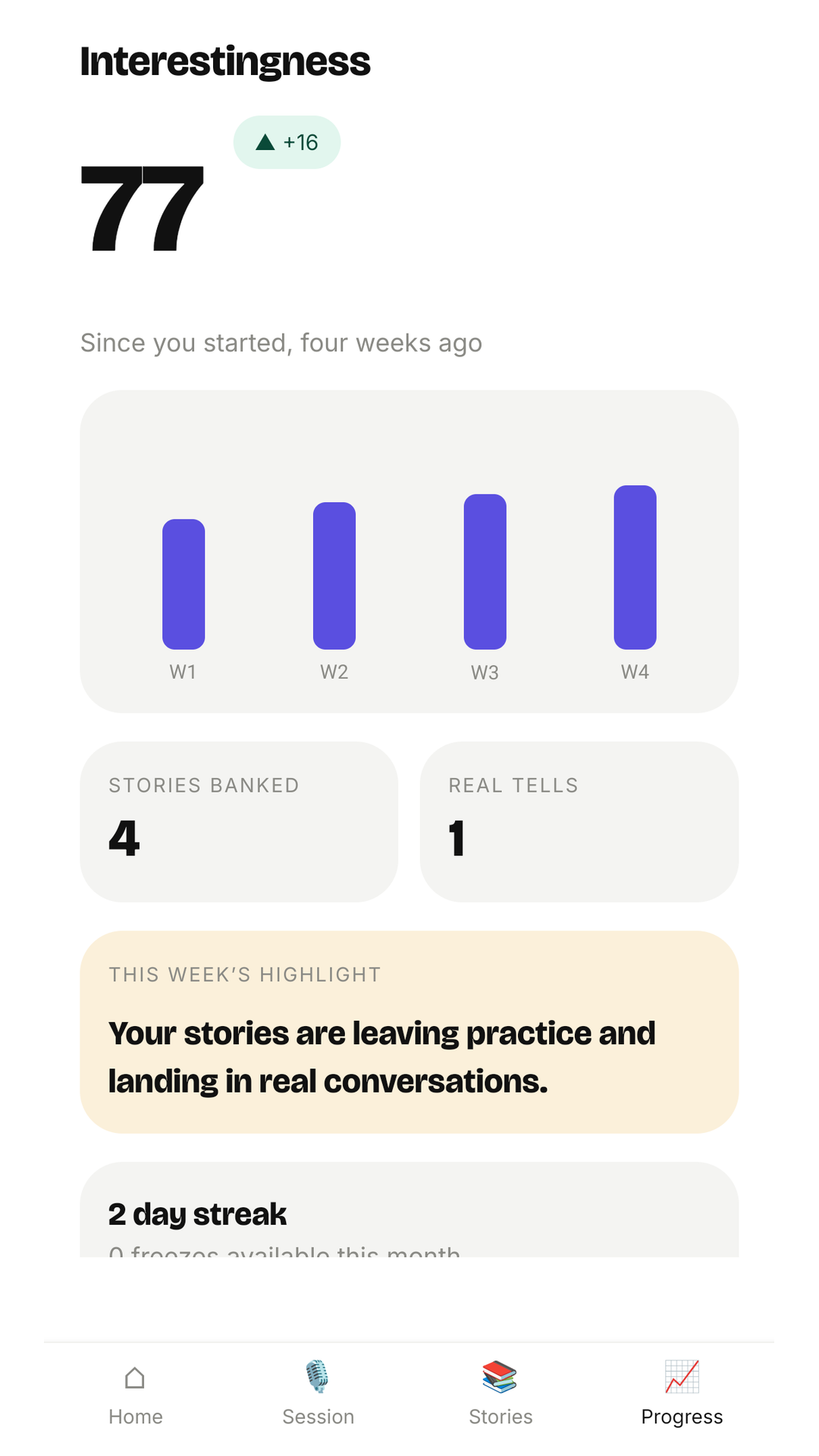Tells Well progress screen