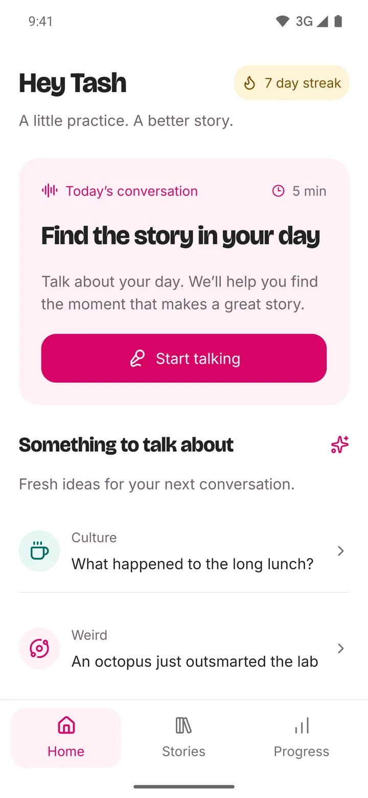 The new tells well home screen, with a five-minute conversation and fresh conversation topics