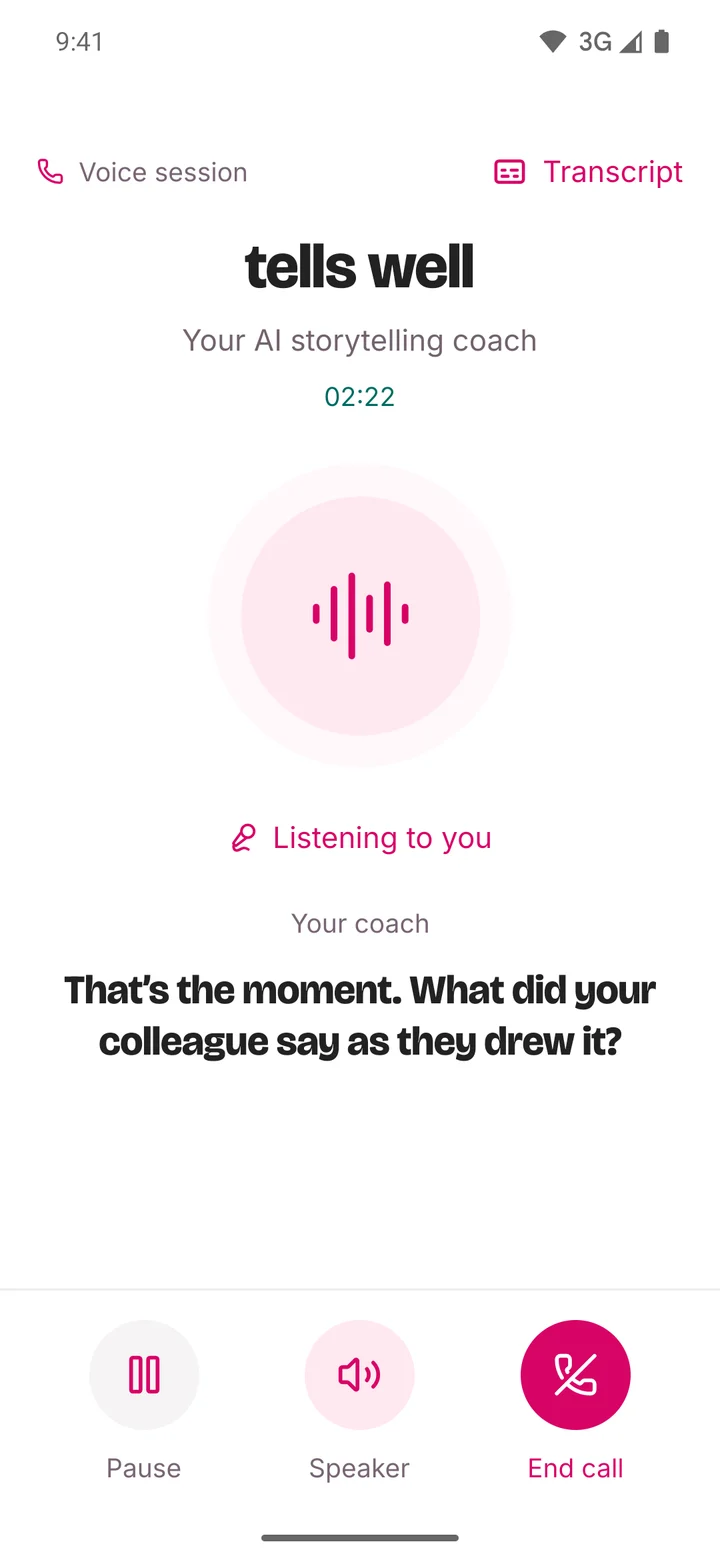 A voice session with the AI storytelling coach, listening and asking about a moment from the day