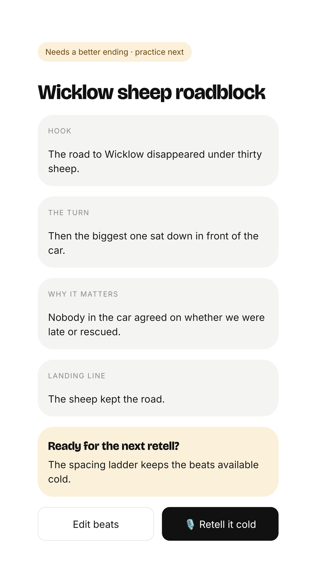 A story saved in Tells Well with its hook, turn, meaning, and landing line